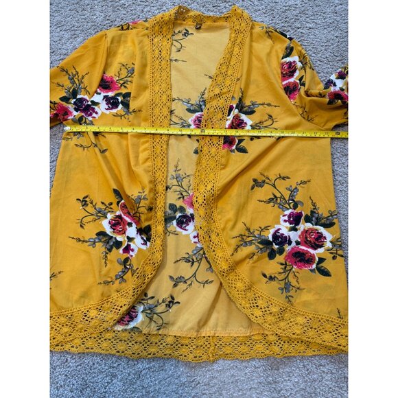 Bohemian Floral Kimono Cardigan 3XL Yellow With Lace Trim Bell Sleeves Boho Bold - Picture 3 of 8